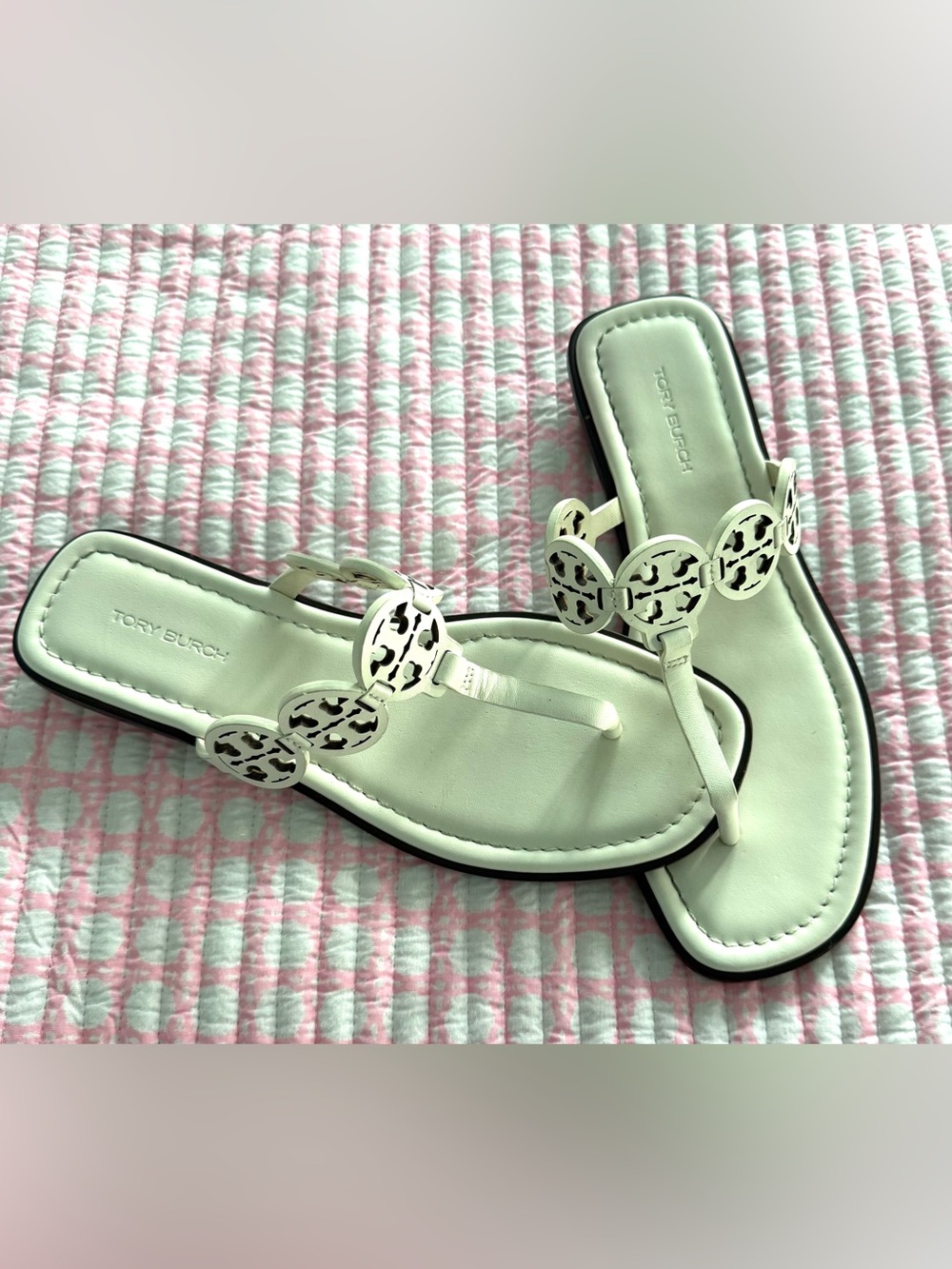 Tory Burch Cream Miller Logo Thong Sandals in box - Picture 3 of 11